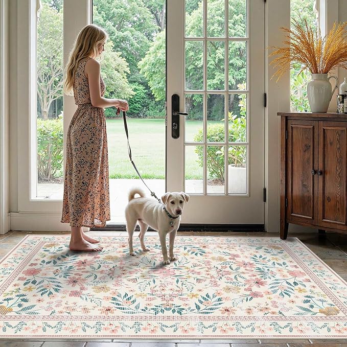 3x5 Rug for Entryway Bedroom, Floral Vintage Retro Boho Throw Rug, Non Slip & - Image 3