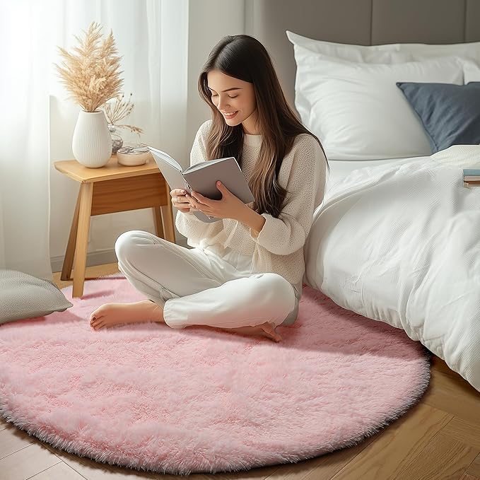 ONASAR Light Pink Round Area Rugs 6ft for Bedroom Living Room, Washable Fluffy Circle Rug for Kids Girls Boys Teen, Soft Plush Shaggy Carpet for Nursery Dorm Classroom Playroom Home Decor Aesthetic