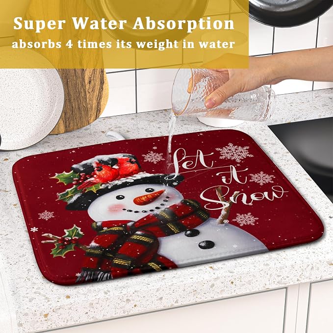 Christmas Dish Drying Mat for Kitchen Counter Snowman Let It Snow Microfiber - Image 7