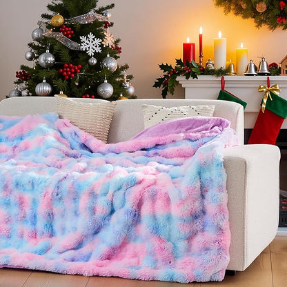 Lotus Karen Faux Fur Throw Blanket Tie-Dye Purple Rainbow - Big Bubble Rabbit Fluff Blanket for Couch, Small Fluffy Fuzzy Cozy Blanket,Thick Furry Plush Shaggy Blankets,60x80 Inches