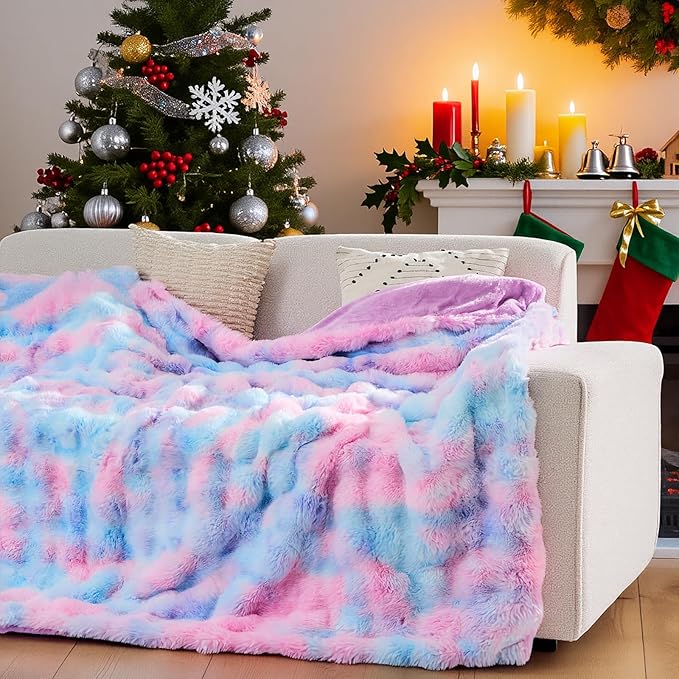 Lotus Karen Faux Fur Throw Blanket Tie-Dye Purple Rainbow - Big Bubble Rabbit Fluff Blanket for Couch, Small Fluffy Fuzzy Cozy Blanket,Thick Furry Plush Shaggy Blankets,50x60 Inches