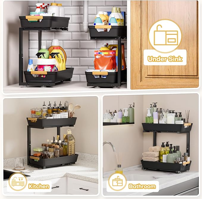 Homde 2-Tier Under Sink Organizer: 2pcs Set Adjustable Pull Out Drawer - Image 7