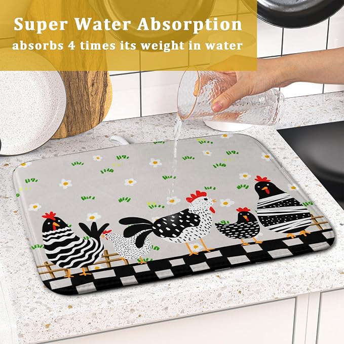 Black Rooster Dish Drying Mat for Countertop 16x18 Inches Buffalo Plaid - Image 7