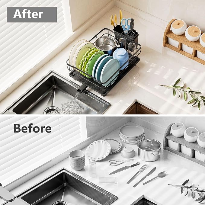Iron Dish Drying Rack Auto Drain Dish Drainers Kitchen Counter Strainer - Image 5