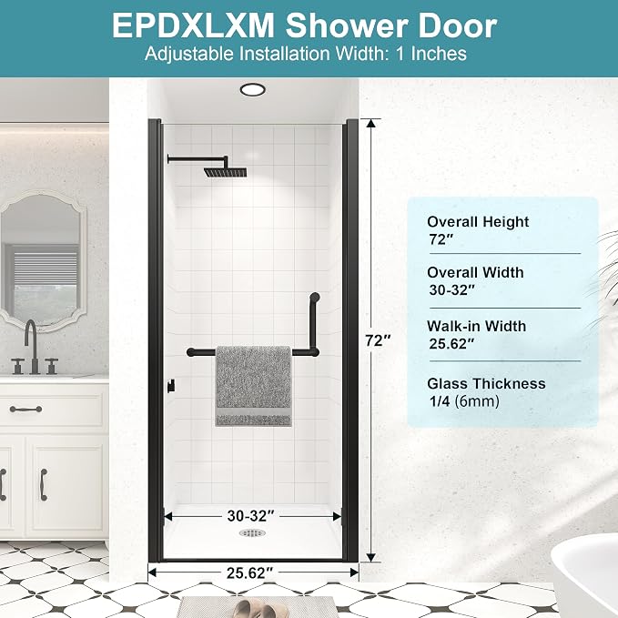 Frameless Pivot Shower Door 30"-32" Wx72 H, 1/4" Clear Nano Coated Tempered - Image 5