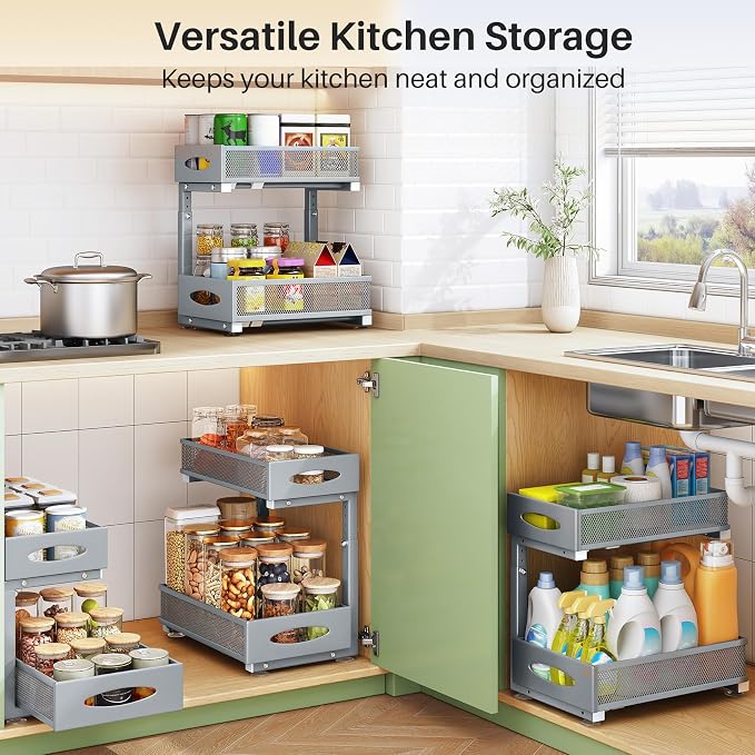 1 Pack Under Sink Organizer, 2 Tier Pull out Cabinet Organizer Mesh Baskets - Image 8