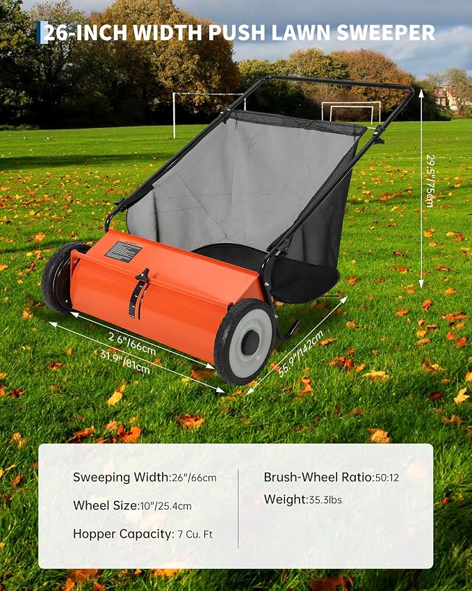 26-Inch Push Lawn Sweeper, 7 Cu. Ft. Hopper Capacity Leaf & Grass Collector - Image 3