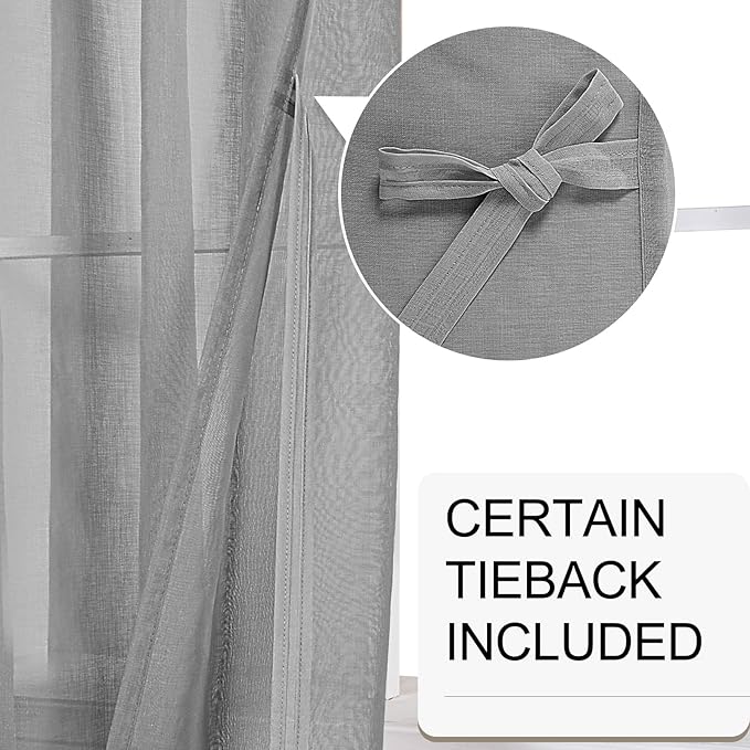XWZO Grey Sheer Curtains for Bedroom, Light Filtering Voile Textured Drapes, Grommet Tieback Extra Wide Window Curtains for Living Room, Home Office, Kids' Room, 70 x 84 Inch, Set of 2 Panels