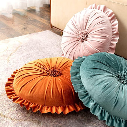 S SSOY Velvet Round Pillow - Ruffle Home Decoration Cushion for Sofa, Chair, Bed, Window, Floor - 13.7in