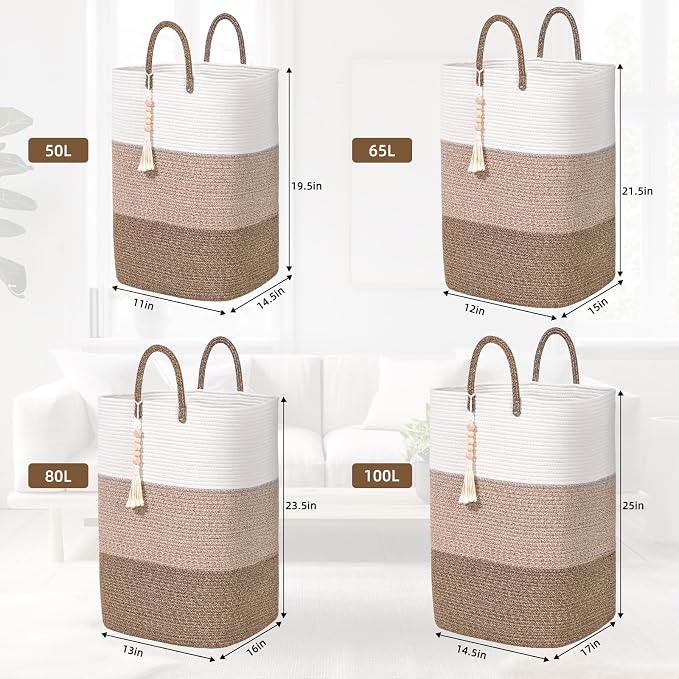 Woven Laundry Basket for Clothes, 65 L Large Rectangle Laundry Hampers - Image 3