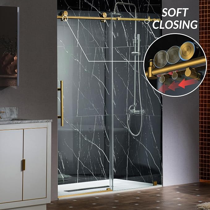 Woodbridge Frameless Single Sliding Shower Doors in Brushed Gold Finish - Image 2