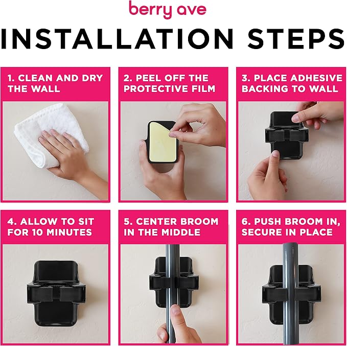 Combo 5 Slot Broom Holder w/ 1 Self Adhesive Mop Gripper No-Drilling, Wall - Image 6