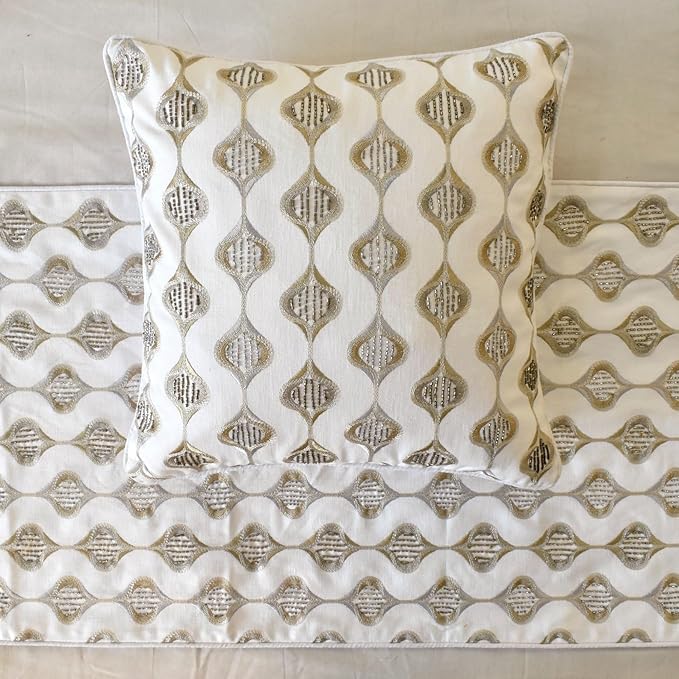 The HomeCentric King/Queen/Twin Beige Decorative Bed Runner Full 68"x18" Bed Runner with One Pillow Cover, Embroidery, Geometric, Beaded Hand Embroidery Bed Scarf on Linen Fabric - Mahsa