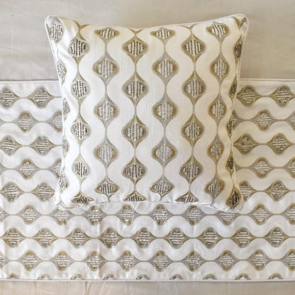 The HomeCentric King/Queen/Twin Beige Decorative Bed Runner Full 68"x18" Bed Runner with One Pillow Cover, Embroidery, Geometric, Beaded Hand Embroidery Bed Scarf on Linen Fabric - Mahsa
