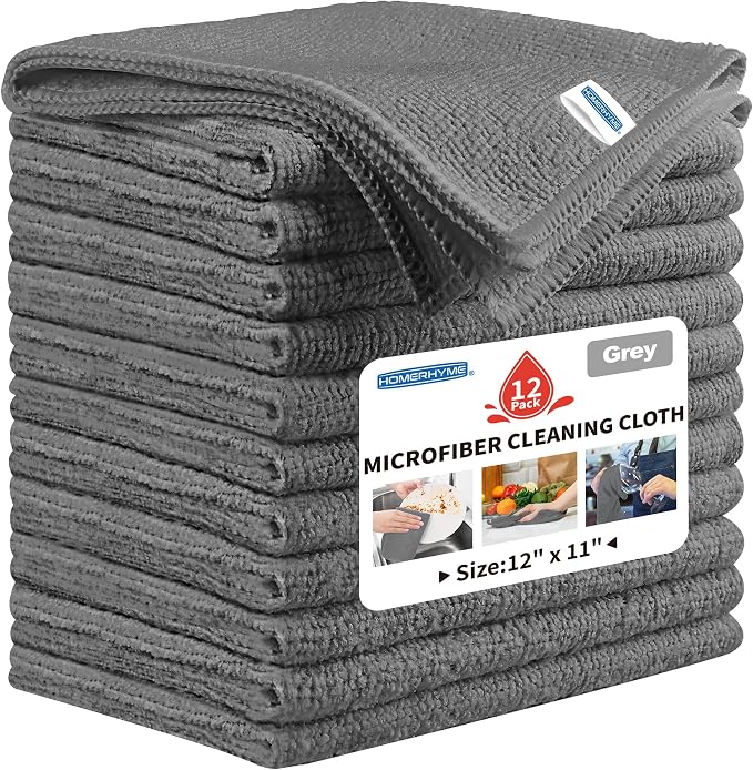 HOMERHYME Microfiber Cleaning Cloth, 12 Pack Grey Cleaning Rags, Reusable by HOMERHYME