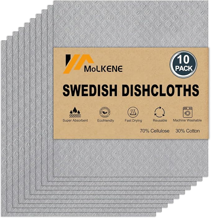 Swedish Dishcloths for Kitchen | 10 Pack Absorbent Cellulose Sponge Cloths by MoLKENE