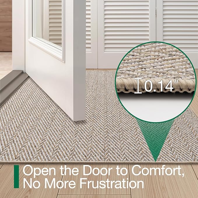 LUMI Ultra Thin Indoor Door Mat for Entrance 24"x36", Non Slip Entryway Mat, Low Profile Doormat, Unique Herringbone Design Carpet for Inside, Patio, Porch, Beige