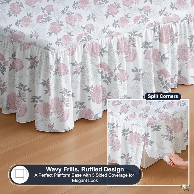 Cottington Lane Ruffled Bed Skirt Queen Size with Split Corner, Brushed Microfiber Hotel Quality Dust Ruffle, 12 Inch Drop Gathered Bedskirt, Soft, Stylish, Shrink & Fade Resistant, Blush Petals