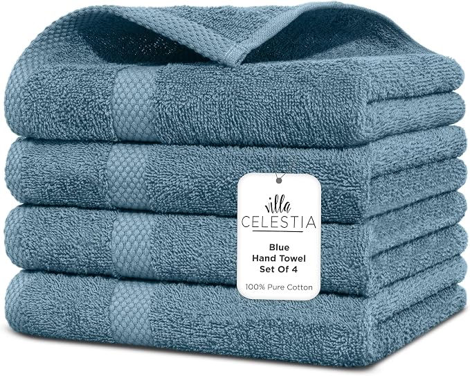 100% Cotton Hand Towel Set of 4, Sustainable, Highly Absorbent, Quick Drying by VillaCelestia