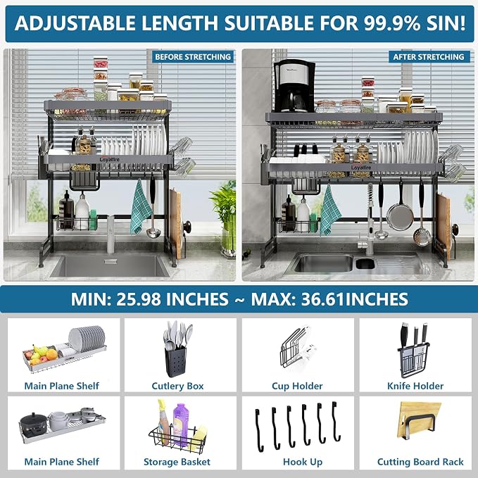 Over Sink Dish Drying Rack, 3 Tier Adjustable Length Stainless Steel Large - Image 2