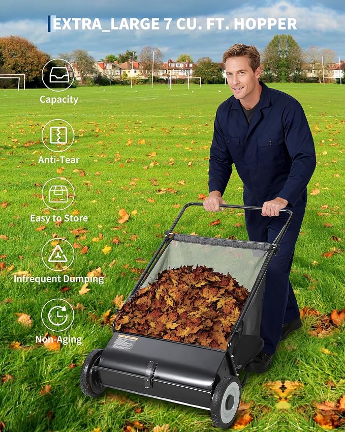 26-Inch Push Lawn Sweeper, 7 Cu. Ft. Hopper Capacity Leaf & Grass Collector - Image 5