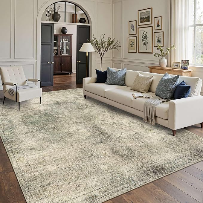 Vintage 8x10 Living Room Green Rugs, Washable Large Area Rugs - Image 2