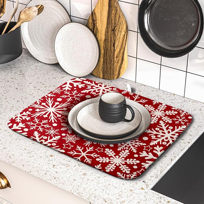 Christmas Dish Drying Mat for Kitchen Counter 16x18 Dark Red Snowflake Winter - Image 5