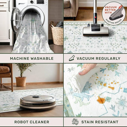 Blue and Green Washable Rugs 3x6 - Vintage Boho Floral Pastel Cream, Washable Low Pile Non Slip Small Throw Accent Area Rug for Entry Way, Laudry Room, Kitchen, Bedroom Beside Bed Decor