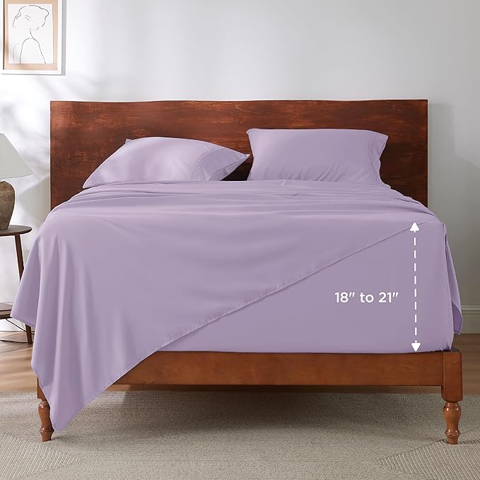 Bedsure Deep Pocket King Sheet Set - Fits Mattresses Up to 21 Inches Thick - 4 Piece GentleSoft Bed Sheets, Moisture Wicking, Soft & Cooling Bedsheet & Pillowcases, Easy & Secure Fit, Light Purple
