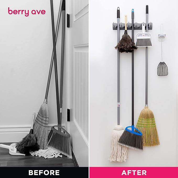 Combo 5 Slot Broom Holder w/ 1 Self Adhesive Mop Gripper No-Drilling, Wall - Image 7