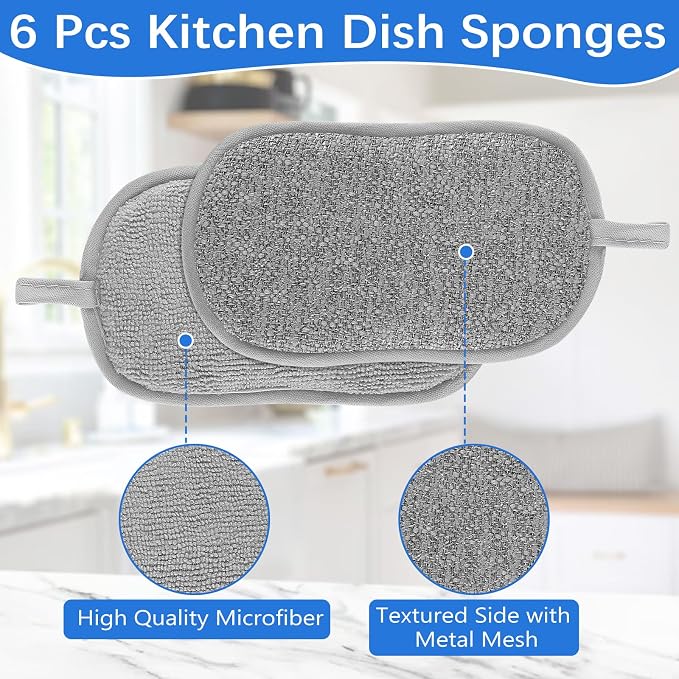 6 Pack Dual-Sided Sponges Kitchen, Non Scratch Microfiber Dish Sponge All - Image 2