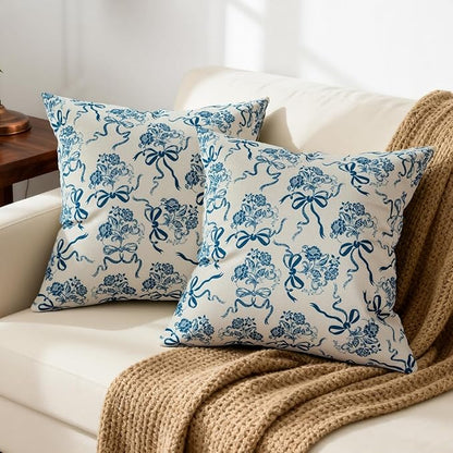 Vintage Blue Flower Pillow Cover 18x 18 Set of 2, Chinoiserie Floral Bow Decorative Linen Pillow Cushion Case,Modern Home Decor for Outdoor Couch Bedroom Car