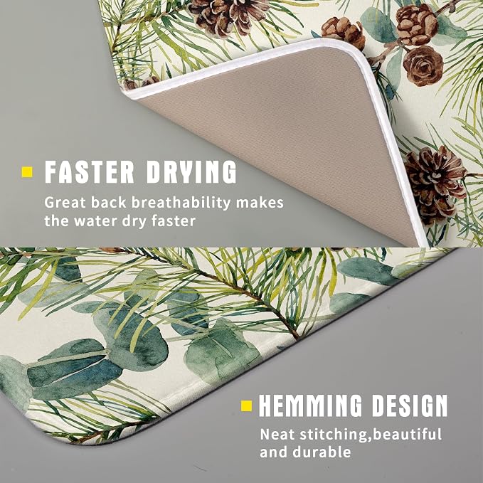 Winter Dish Drying Mat for Kitchen Counter 16x18 Christmas Evergreen Leaves - Image 3