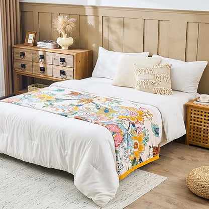 Farmhouse Throw Blanket, 80"x 90" Boho Throw Blankets for Couch Cover, 100% Cotton Bohemian Vintage Quilt for All Seasons Reversible Florals Lightweight Picnic Blankets Home Decoration