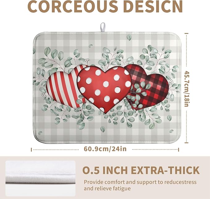 Valentines Day Dish Drying Mat Valentine Buffalo Plaid Eucalyptus Hearts Dishes - Image 5