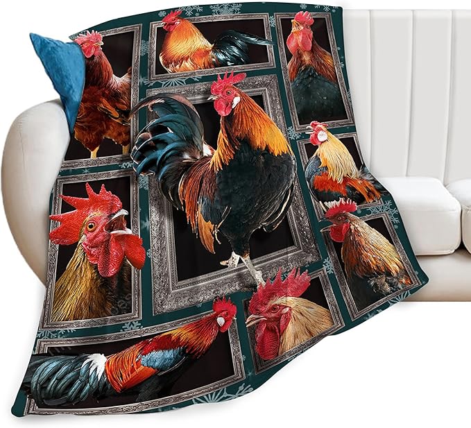 Rooster Chicken Throw Blanket, 60"x50", Multicolor, 100% Polyester Microfiber, Wrinkle Resistant, Colorfast, Unisex Adult, Perfect for Couch, Bed, Camping, Reading, Napping