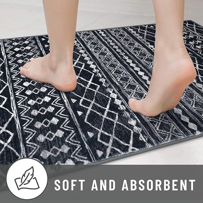 KUTA Boho Runners for Hallways 2x8 Black Moroccan Washable Runner Rug Non-Slip Vintage Kitchen Rugs Ultra Soft Distressed Geometric Floor Carpet for Bedroom Laundry Living Room