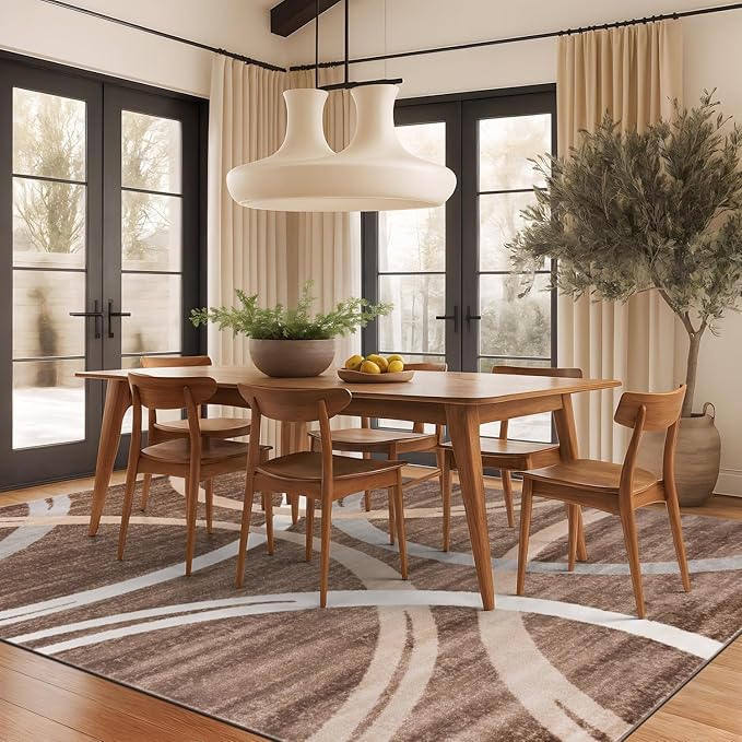 Rugshop Modern Wavy Circles Design Area Rug, Fade-Resistant Carpet for Living Room, Bedroom, or Dining Room, Grand Room,Open Spaces Brown, 8'8" x 12'