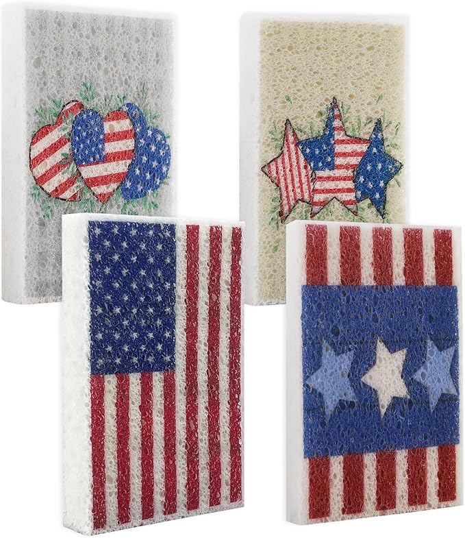 4Pcs USA Flag Heavy Duty Kitchen Dish Sponges | Large Odor Free Non-Scratch by Mainlyrunmakeupsuppliers