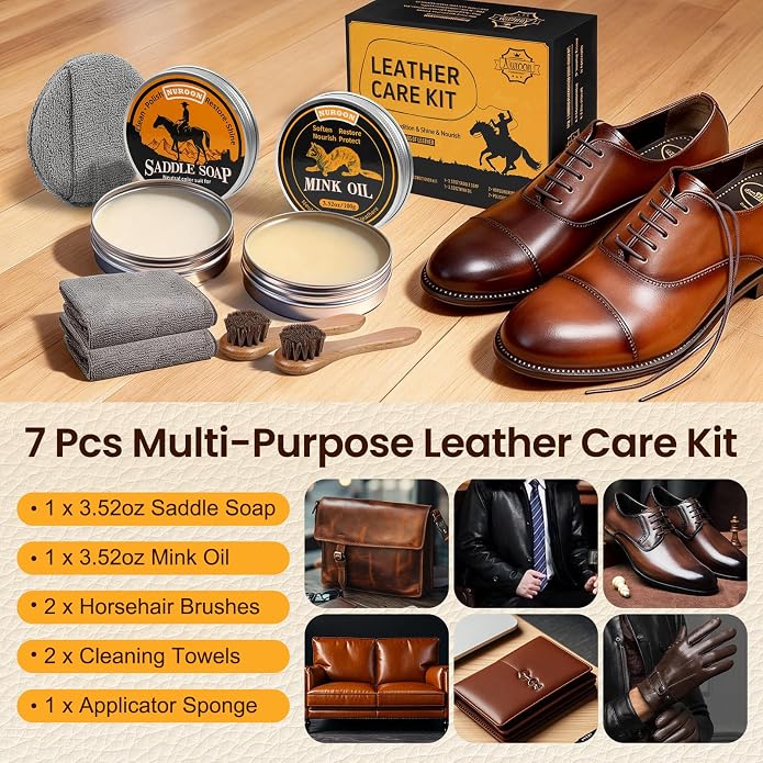 7 Pcs Leather Cleaner Boots Shoes Care Kit-3.52oz Saddle Soap - Image 2
