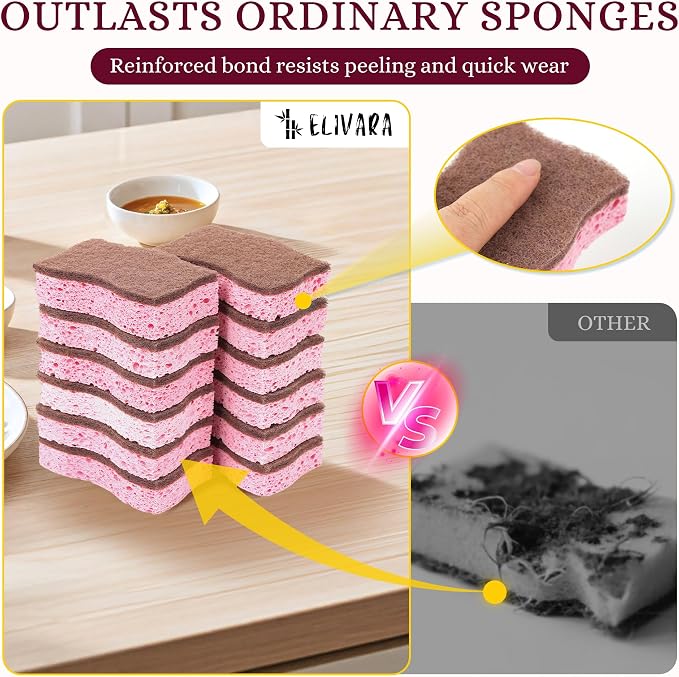 Kitchen Sponges – 12 Pack – Non-Scratch Dual-Sided Cellulose Scrub Sponges - Image 2