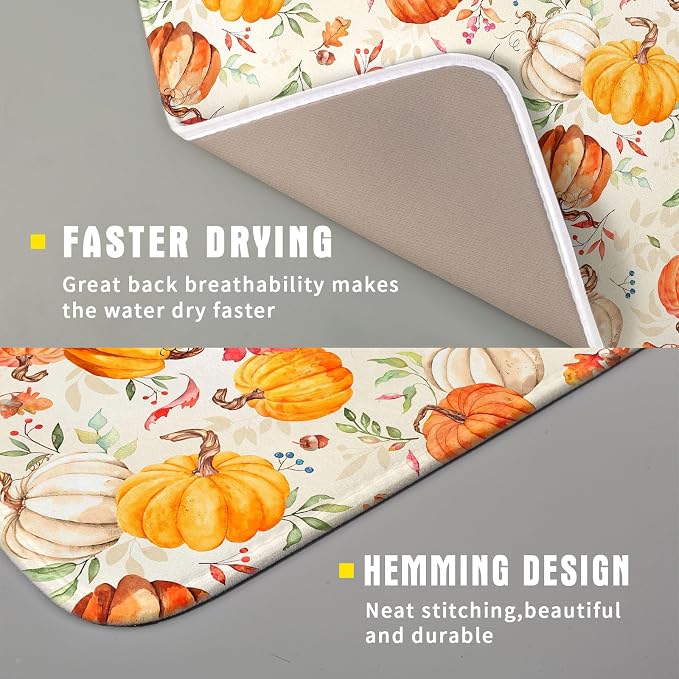 Autumn Fall Dish Drying Mat for Kitchen Counter Watercolor Pumpkin Maple Leaves - Image 3