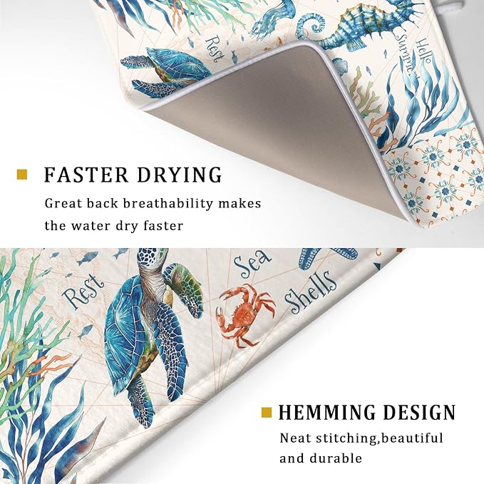 Giwawa Nautical Coastal Dish Drying Mat Sea Turtle Seahorse Dish Drainer Pad - Image 3