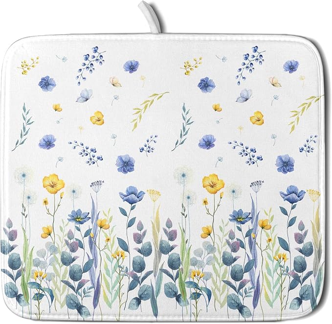 Floral Dish Drying Mat for Kitchen Counter 18x16 Inch Yellow Purple Flower by Unknown