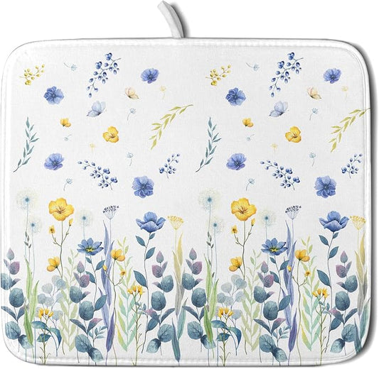 Floral Dish Drying Mat for Kitchen Counter 18x16 Inch Yellow Purple Flower by Unknown