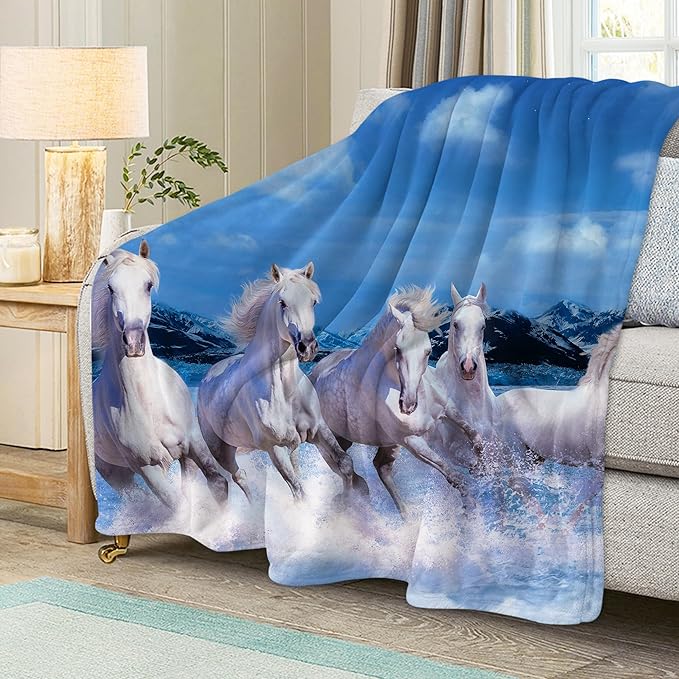Prancing White Horses Throw Blanket for Couch, Super Soft Fuzzy Throws Warm Comfortable Plush Fleece Blanket, Fashion Decorative Flannel Fleece Blanket for All Season(50 x 60 in, White Horses)