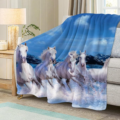 Prancing White Horses Throw Blanket for Couch, Super Soft Fuzzy Throws Warm Comfortable Plush Fleece Blanket, Fashion Decorative Flannel Fleece Blanket for All Season(50 x 60 in, White Horses)