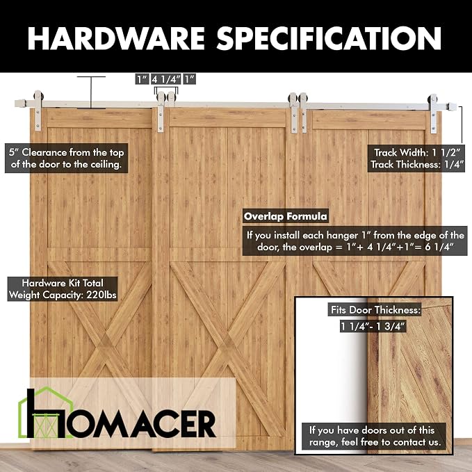 Homacer Brushed Nickel Single Track Bypass Sliding Barn Door Hardware Kit - Image 5