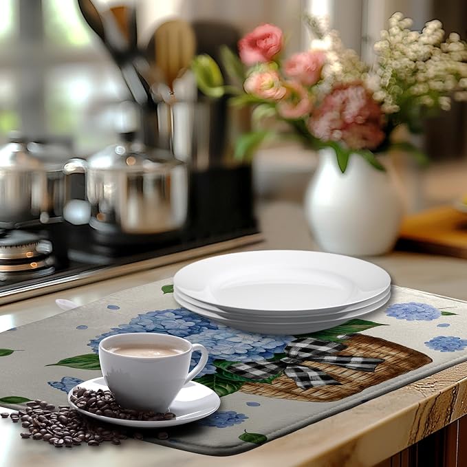 Spring Hydrangea Dish Drying Mats Spring Summer Floral Dish Mat Blue Flowers - Image 6