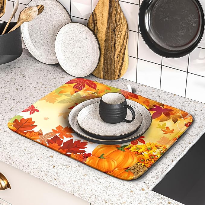 Autumn Fall Dish Drying Mat for Kitchen Counter Pumpkin Maple Leaves Drying Mat - Image 5
